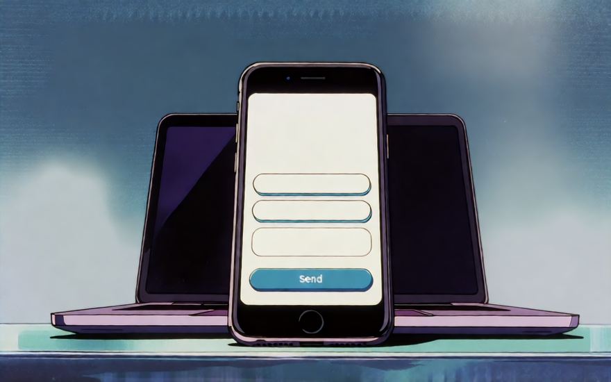問い合わせフォームを表示したスマートフォンと、後ろのノートパソコン