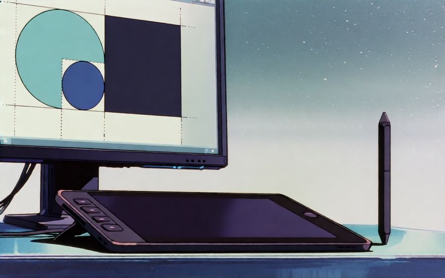ペンタブレットと、図形を並べたモニタ