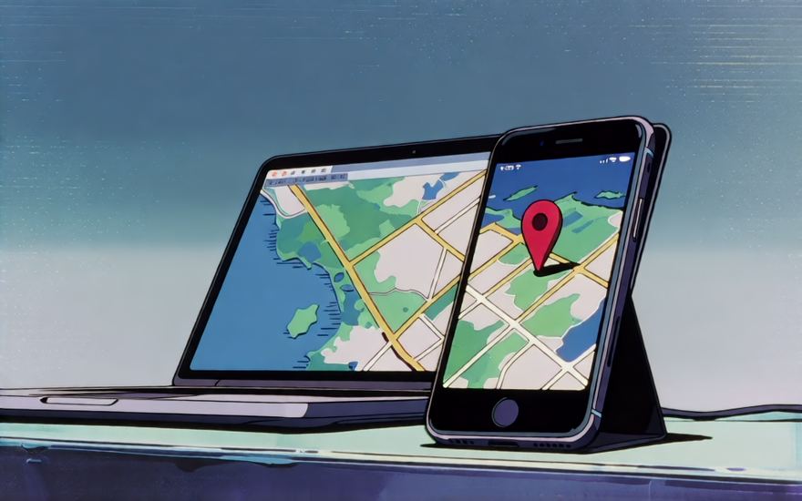 地図にピンを立てたスマートフォンと、同じ地図を大きく開いたノートパソコン