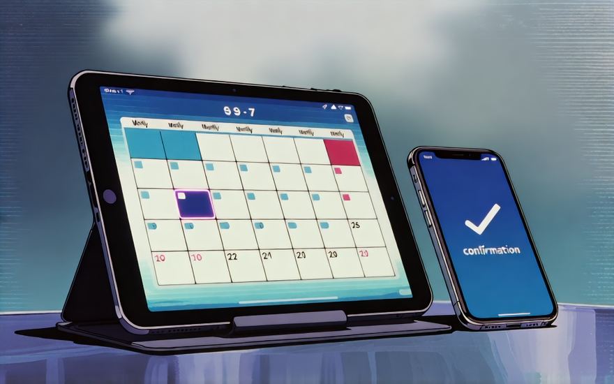 月間カレンダーを表示したタブレットと、確認済みのチェックが出たスマートフォン